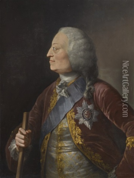 Portrait Of George Ii, Half-length, Wearing A Red, Gold And Lace-trimmed Coat Over An Embroidered Grey Waistcoat And The Sash And Badge Of The Garter, In Profile To The Left Oil Painting - Thomas Worlidge
