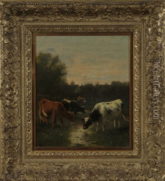Rinderherde Am Bachlauf Auf Der Weide Im Abendlicht Oil Painting - William Frederick Hulk