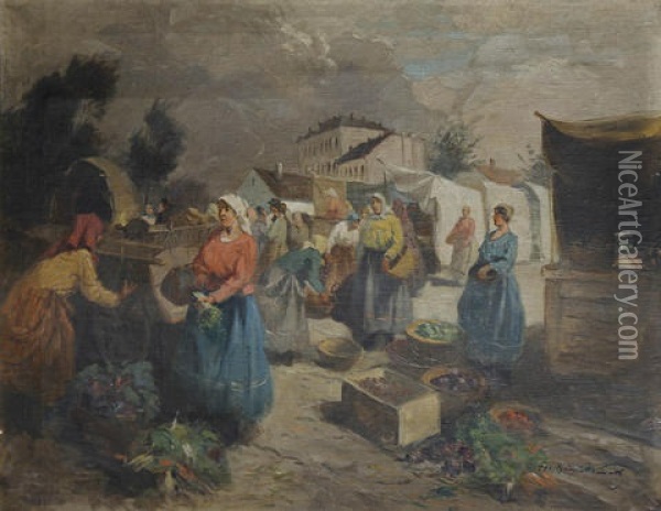 Bustling Market Scene Oil Painting - Gyertyanyi Nemeth