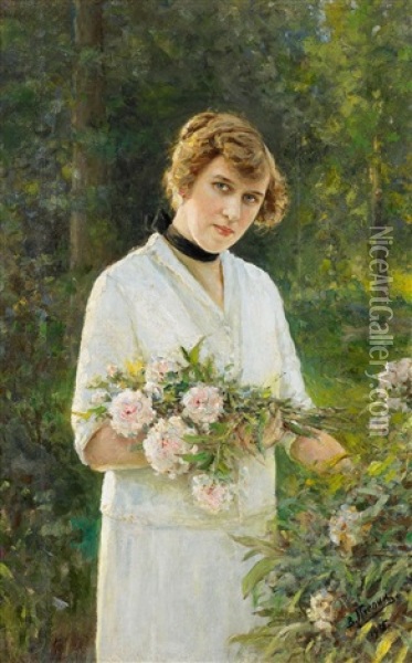 Portrait Einer Blumenpfluckenden Dame Oil Painting - Vladimir Nikolaevich Pchelin