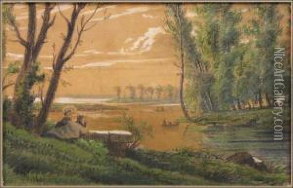Fishing Along The River Oil Painting - Charles Ransonnette