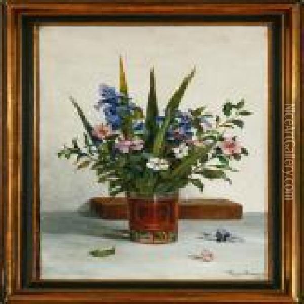 A Still Life With Flowers In A Vase On A Table Oil Painting - Viggo Rasmus Simesen