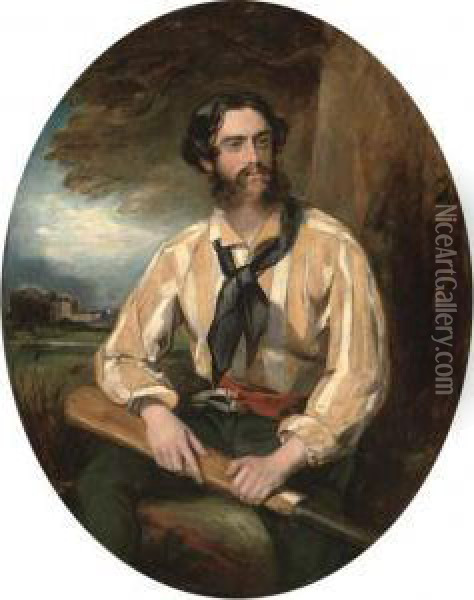 Portrait Of A Cricketer, Wearing A Red Sash, Seated Three-quarter Length, In A Landscape Oil Painting - Daniel Maclise