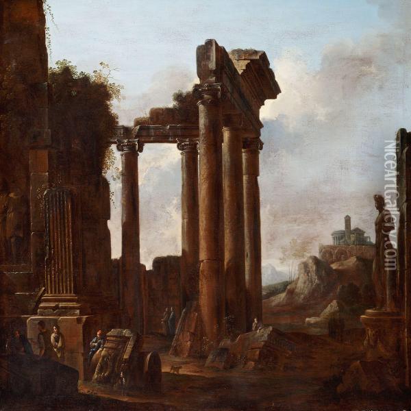 Italian Landscape With Antique Ruins Oil Painting - Ferdinando Galli Bibiena