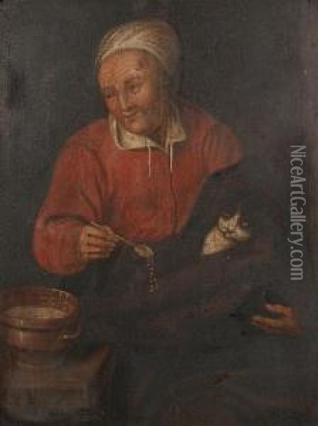 A Lady Feeding A Cat Oil Painting - David The Younger Ryckaert