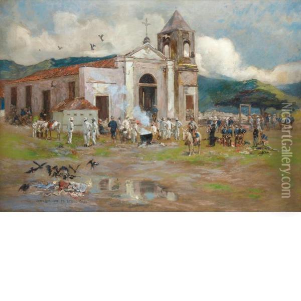 At The Church Of San Luis After The Firing Ceased At The Battle Of El Caney Oil Painting - Lyell E Carr