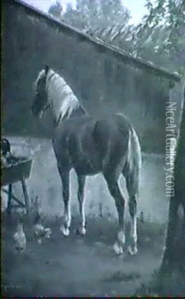 Hest Pa En Gardsplads Oil Painting - Simon Simonsen