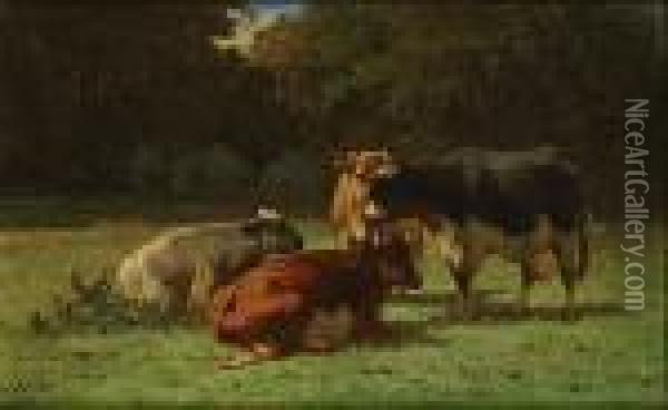 Vier Rustende Koeien. Oil Painting - Louis Marie Dominique Romain Robbe