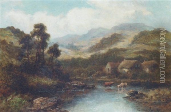 Cattle Watering In A Mountainous Lake Landscape Oil Painting - William Langley