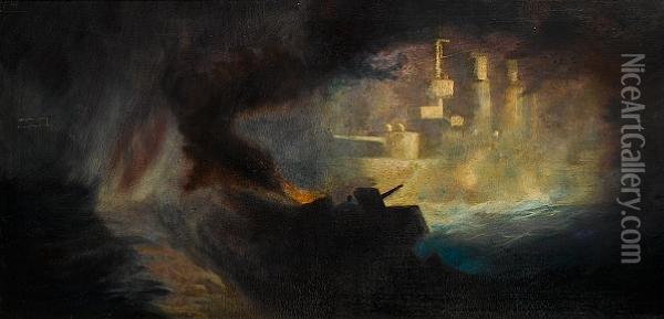 Battle Scene At Night. Oil Painting - Frederick T. Jane