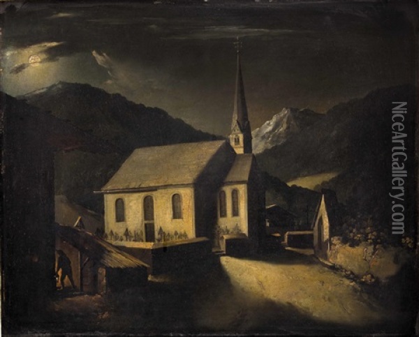 Vollmond Uber Einem Dorf In Den Alpen (+ Dorfplatz Mit Brunnen; Pair) Oil Painting - Josef Erler