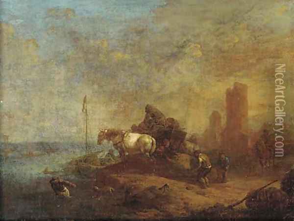 Workers loading a boat near a horse and cart, a town beyond Oil Painting - Philips Wouwerman