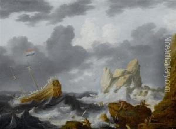 Dutch Ships Before The Coast At A Town With A Church Tower Oil Painting - Willem van Diest