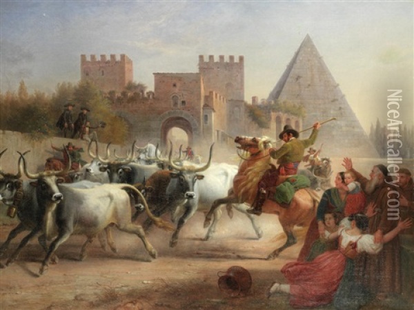 Driving Cattle Before The Porta San Paolo And Pyramid Of Cestius, Rome Oil Painting - Dietrich Wilhelm Lindau