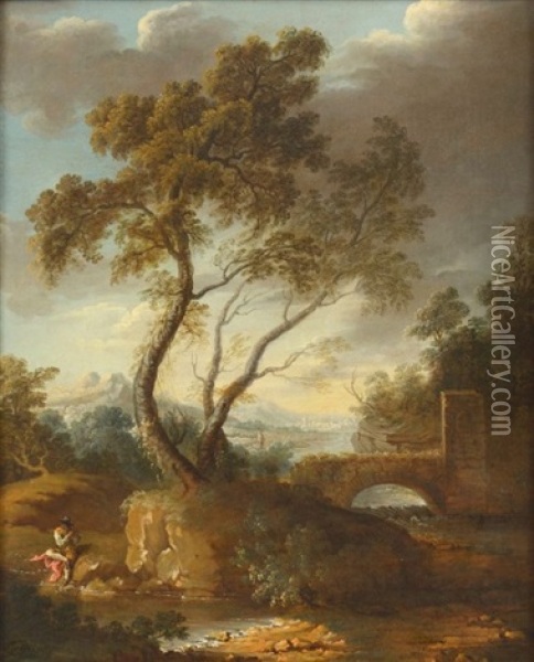 Paysage A La Riviere Et Au Flutiste Oil Painting - Hubert Drouais