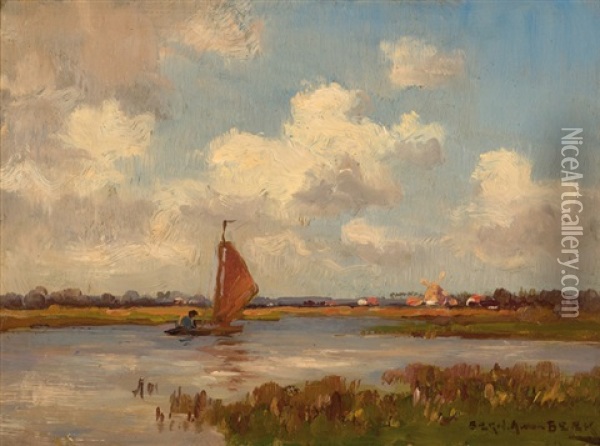 View Of The Loosdrechtse Plassen And Loenen (+ View Of The Mill Of Vreeland; 2 Works) Oil Painting - Bernardus Antonie Van Beek