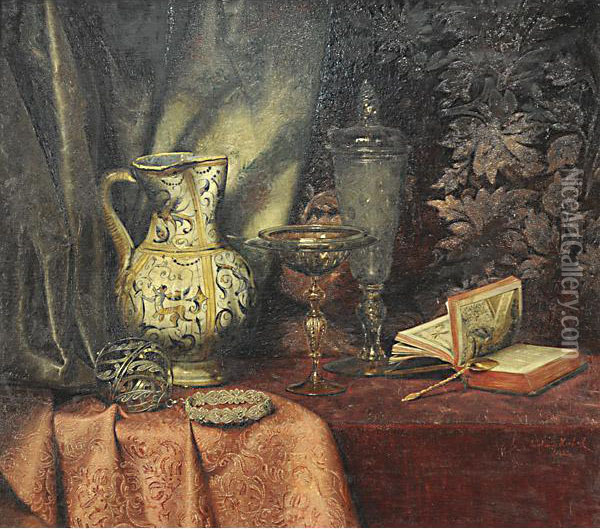 Libro, Brocca E Calici Di Vetro Oil Painting - Ludwig Dominik Kohrl