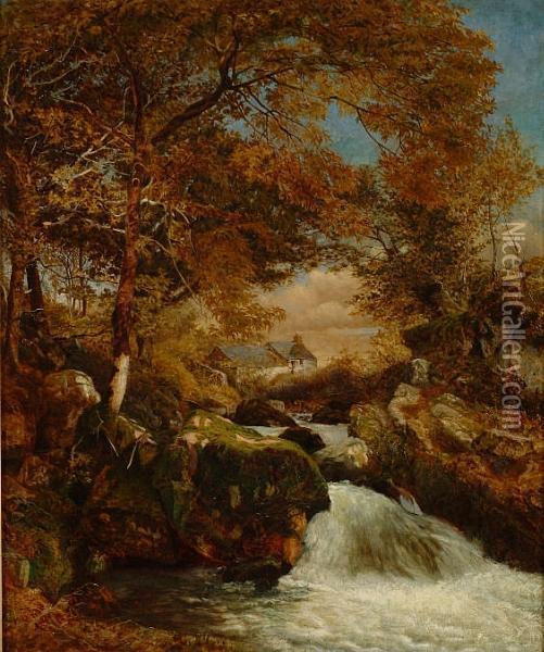 Upland River In Spate With Cottage Beyond Oil Painting - John Brandon Smith