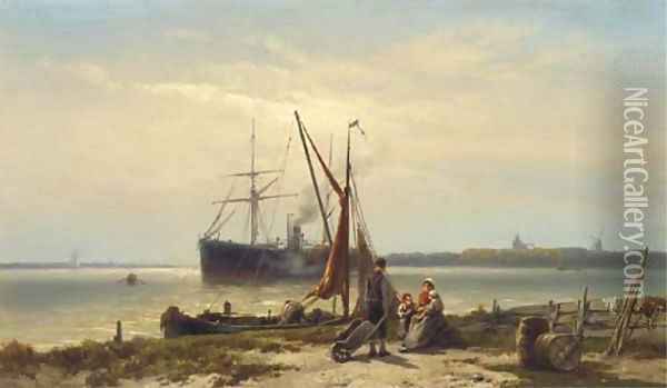 A steamship anchored in a river Oil Painting - Johannes Hermanus Koekkoek