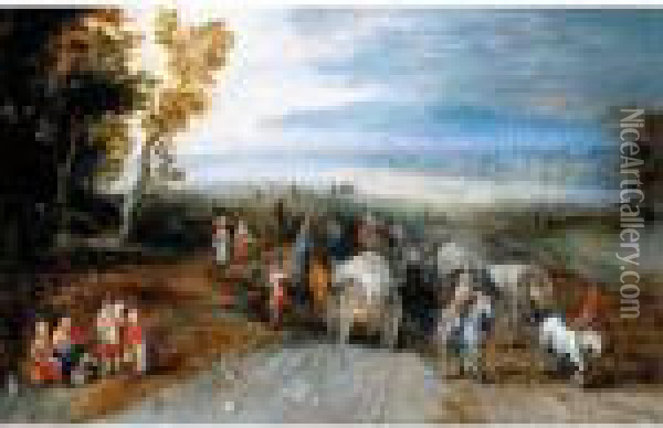 An Extensive Wooded Landscape With Wagons, Carts, Horsemen And Travellers On A Path Oil Painting - Jan Brueghel the Younger