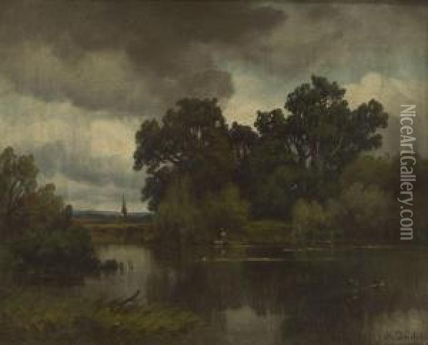 Uferlandschaft Bei Aufziehendem Gewitter. Oil Painting - August Seidel