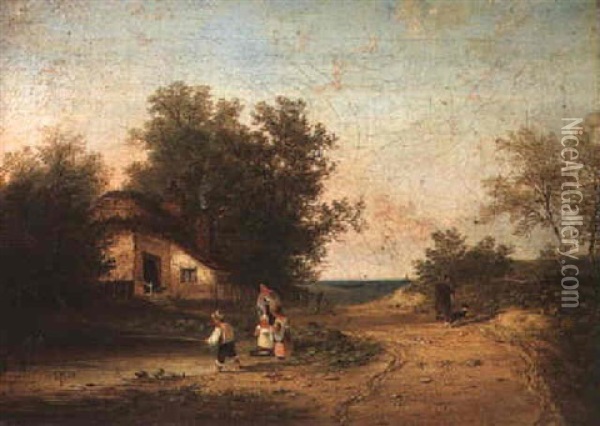Figures By A Cottage With A Child Fishing In A Pond Oil Painting - Henry John Boddington
