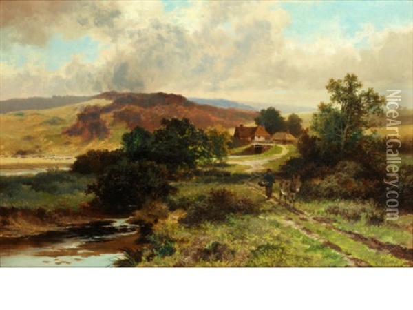 Traveller And A Donkey On A Track Before A Farm, In A Moorland Landscape Oil Painting - Leopold Rivers