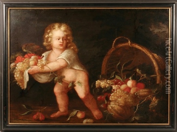 A Study Of A Putto With Fruit Oil Painting - Louis (Lewis) Hubner