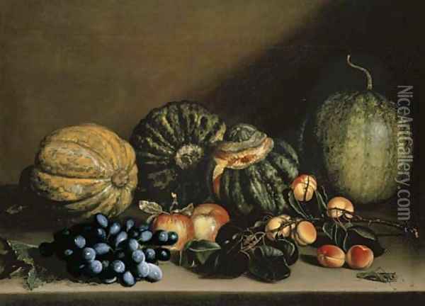 Melons, apricots, grapes and apples on a stone ledge Oil Painting - Michelangelo Merisi Da Caravaggio