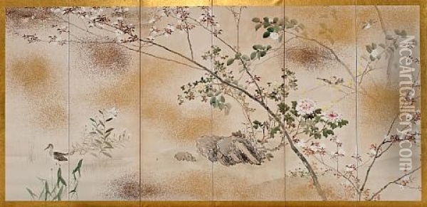 Birds And Flowers Of The Four Seasons (pair, In 6 Parts) Oil Painting - Tachika Chikuson