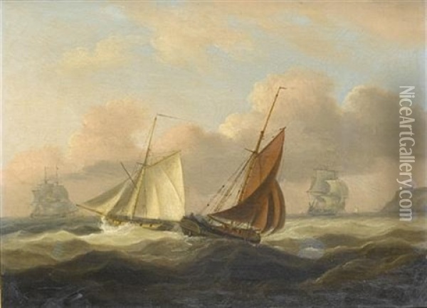 Two Cutters Passing In A Heavy Swell In Torbay Oil Painting - Thomas Luny