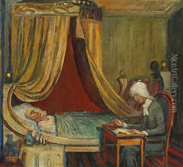 Deathbed Scene From The Novel Adam Homo Oil Painting - Poul S. Christiansen
