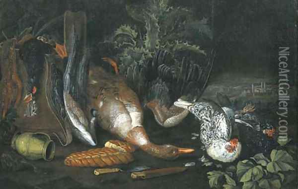 A partridge, a dead duck, a pitcher, two knives, a loaf of bread and hens, on a forest floor Oil Painting - Ferdinand Phillip de Hamilton