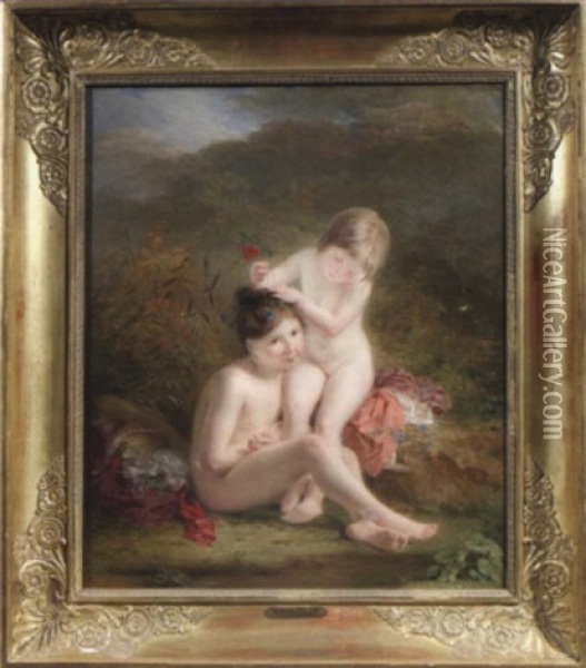 Ein Nacktes Madchen Wird Von Seiner Freundin Mit Blumen Geschmuckt Oil Painting - Louis Edouard Rioult
