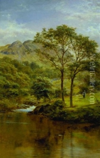 Mountain Landscape With Figure And A Stream Oil Painting - Robert Gallon