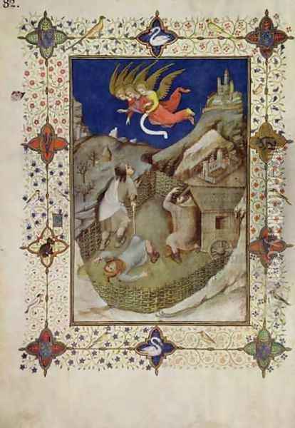 Hours of Notre Dame Tierce The angels appearing to the shepherds from the Tres Riches Heures du Duc de Berry Oil Painting - Jacquemart De Hesdin