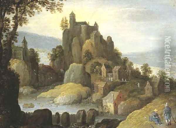 An Alpine river landscape with a clifftop castle and a village, two pilgrims in the foreground Oil Painting - Tobias van Haecht (see Verhaecht)