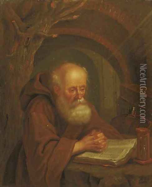 A hermit reading by a vaulted grotto Oil Painting - Balthasar Beschey