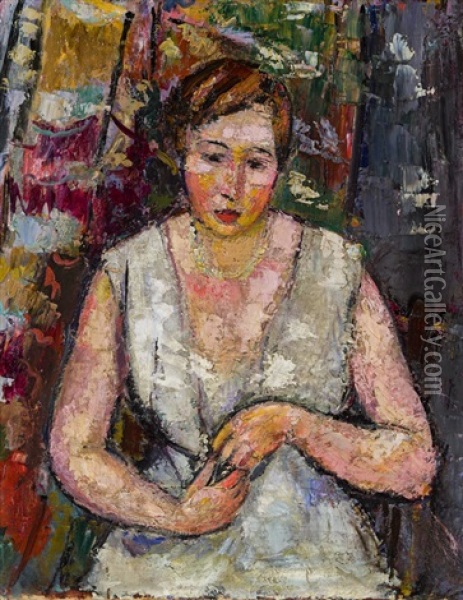 Junge Frau In Sommerkleid Mit Einander Beruhrenden Handen (ida) Oil Painting - Anton Faistauer