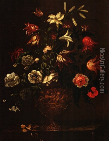 Blumenstrauss Mit Roten Nelken In Einer Reliefierten Tonvase Oil Painting - Juan De Arellano