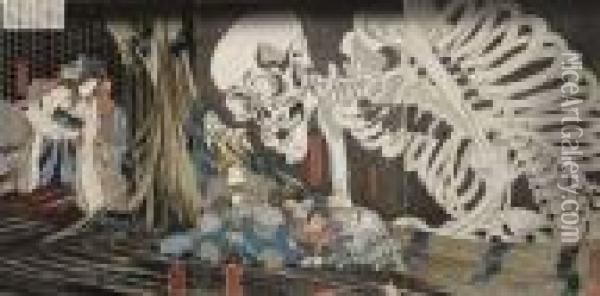 Mitsukuni Defying The Skeleton Spectre Conjured Up By Princess Takiyasha Oil Painting - Utagawa Kuniyoshi