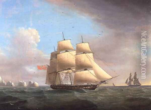 H.M. Frigate Galatea, 38 Guns off the Needles, Isle Of Wight Oil Painting - Thomas Whitcombe