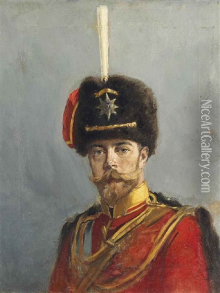 Portrait Of Emperor Nicholas Ii, Chief Of The Guard Hussar Regiment (study) Oil Painting - Alexandr Vladimirovich Makovsky