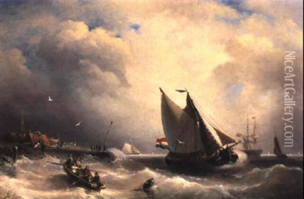 Hollandischer Hafen (ein Sturmischer Tag An Der Zuidersee) Oil Painting - Elias Pieter van Bommel