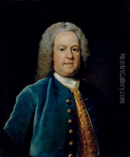Portrait Of A Gentleman In A Blue Coat And Golden Vest Oil Painting - Joseph Highmore