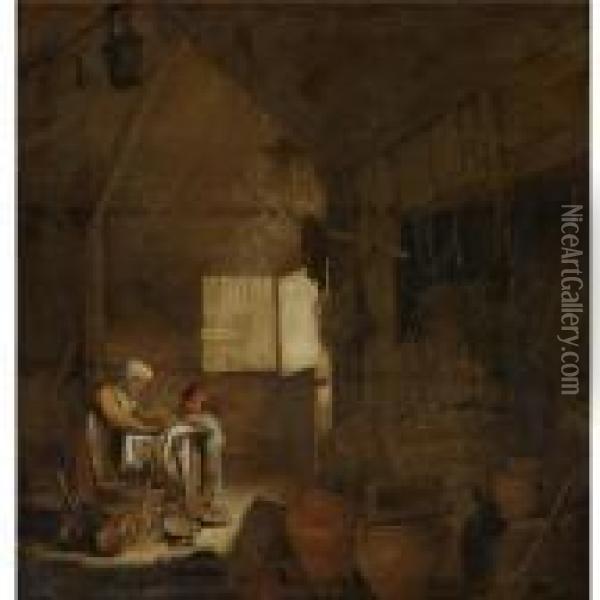A Barn Interior With Peasant Woman Cleaning Pots Oil Painting - Bartholomeus Molenaer
