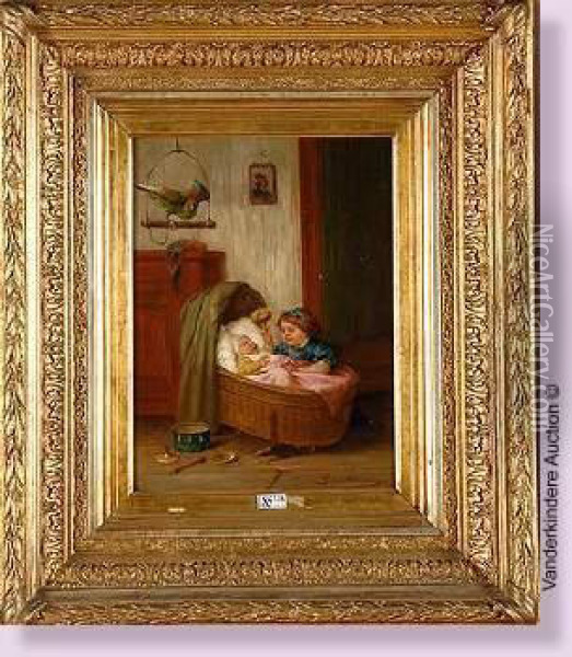 Enfant Jouant Avec Le Bebe Dans Le Berceau Oil Painting - Fernand Beeckman
