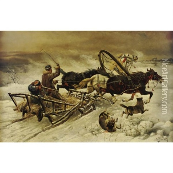 The Wolf Hunt Oil Painting - Adolf (Constantin) Baumgartner-Stoiloff