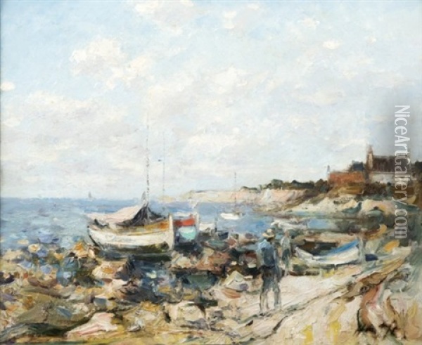 Figure Walking Harborside With Docked Boats On A Northern California Coast Oil Painting - Joseph Wagner