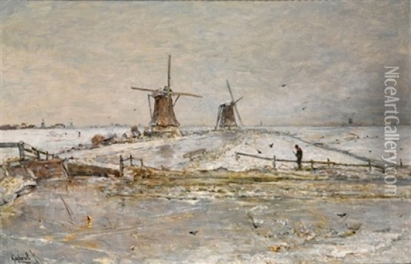 Snow Covered Windmills Near Overschie Oil Painting - Paul Joseph Constantin Gabriel